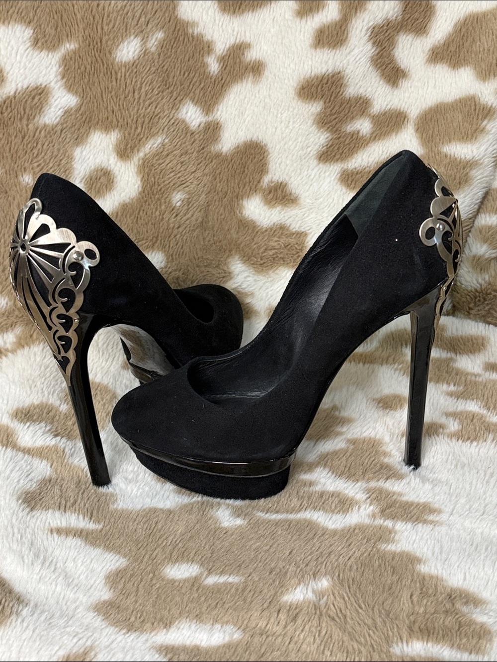 Brian Atwood Black Suede Platform Stiletto Pumps with Silver Filigree Heel
